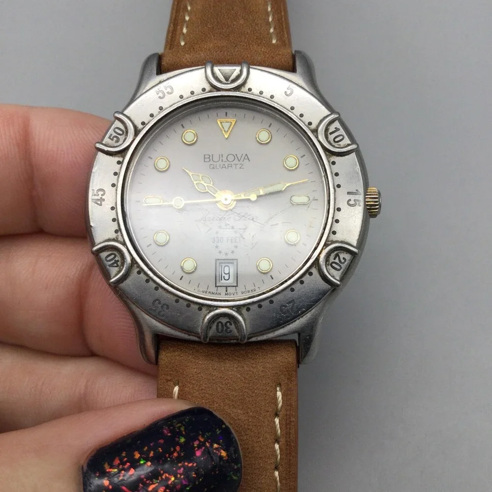 Vintage Bulova Marine Star Mens Diver Watch 36mm Silver Tone Leather New Battery